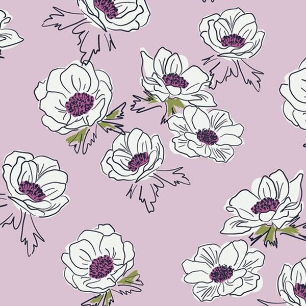 Lavender Purple Floral Fabric, Anemone Cascade, Trouvaille Agf Cotton, Qtr Yd Yd