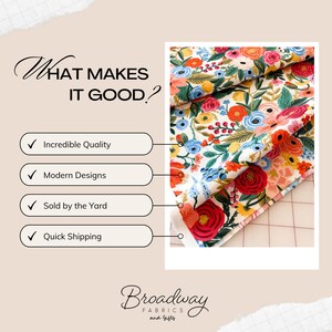 May include: Floral fabric rolls with red, pink, blue, and yellow flowers on a white background. The image includes text that reads "WHAT MAKES IT GOOD?" and "Broadway Fabrics and Gifts."