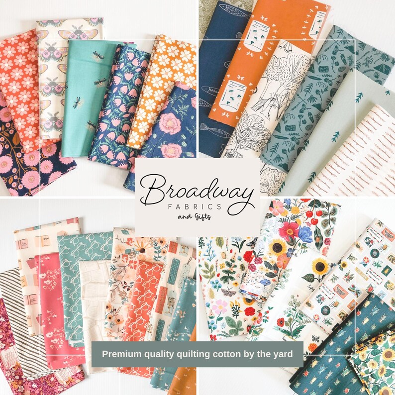 May include: A collection of colorful quilting cotton fabrics, featuring floral, insect, and geometric patterns. The fabrics are arranged in a grid, with the Broadway Fabrics and Gifts logo and the text "Premium quality quilting cotton by the yard".