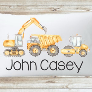 Personalized Construction Boys Room Pillowcase, Excavator Dump Truck Custom Nursery Name Pillow Top