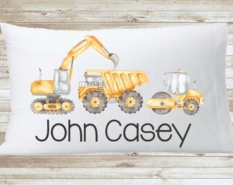 Personalized Construction Boys Room Pillowcase, Excavator Dump Truck Custom Nursery Name Pillow Top