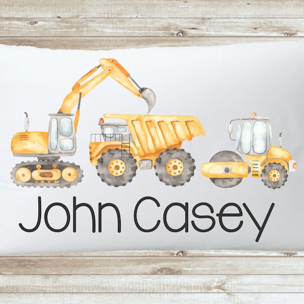 Personalized Construction Boys Room Pillowcase, Excavator Dump Truck Custom Nursery Name Pillow Top