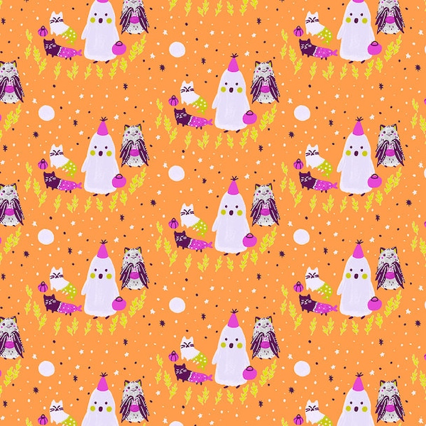 Orange Halloween trick or treaters cotton fabric Bring your Own Boos QTR YD