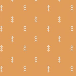 May include: A seamless pattern featuring white stylized pine trees on a solid orange background.