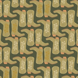May include: A repeating pattern of cowboy boots in shades of olive green, tan, and peach. The boots are decorated with floral designs and arranged on a dark green background. The pattern is suitable for fabric or wallpaper.