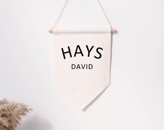 Custom name pennant wall hanging - baby name nursery decor cotton linen pennant