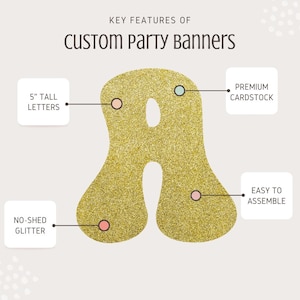 May include: A gold glitter letter "A" with the text "Key Features of Custom Party Banners". The image highlights features: 5" tall letters, premium cardstock, no-shed glitter, and easy assembly.