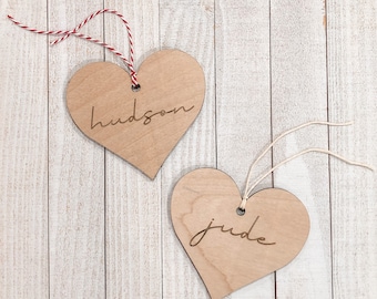 Custom Wood Valentine Basket Tag - Modern Script Wood Heart Name Tag