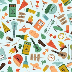 White Camping Gear - Campground Camping Fabric - Camping Crew Cotton - by the yard