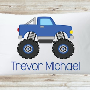 Monster Truck Boys Room Pillowcase, Blue Big Truck Custom Nursery Name Pillow Top