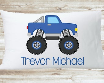 Monster Truck Boys Room Pillowcase, Blue Big Truck Custom Nursery Name Pillow Top