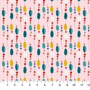 May include: Pink fabric with a repeating pattern of green holly leaves and strings of colorful beads. The beads are red, white, blue, and yellow.