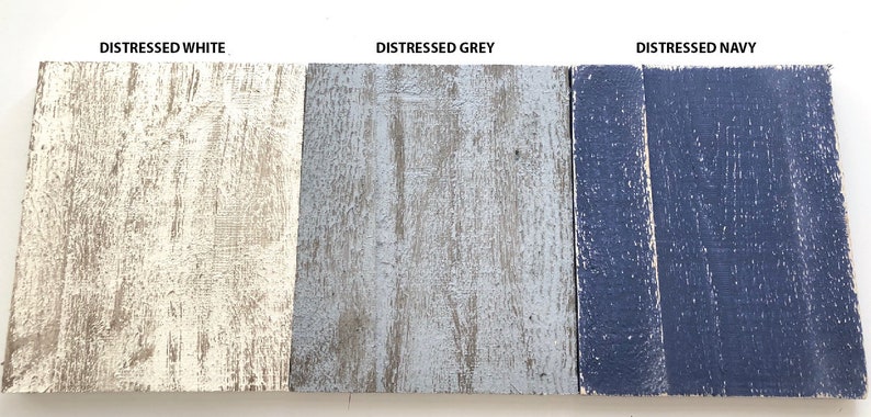 May include: Three wood samples painted in distressed white, distressed grey, and distressed navy.