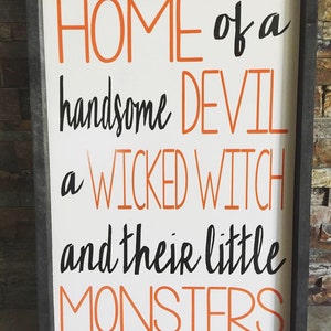 Wicked Witch Little Monsters Handsome Devil Live Here - Personalized Witch Shaped Wood Sign - Gift For Couple, Husband Wife, Gift For Pet Lovers, Halloween Gift main image 1