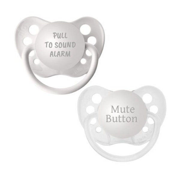 Funny Baby Pacifier Gift Set - Pacifiers with Saying - Mute Button Binky - Pull to Sound Alarm Paci- Custom Soother- Set of 2 Unisex Binkies