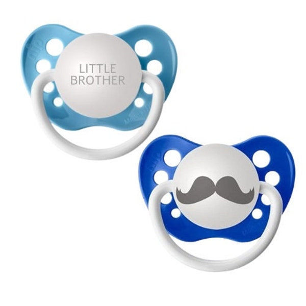 Little Brother Pacifier - Boys Little Man Mustache Baby Shower Gift - Little Gentleman - Funny Baby Shower Boy Binky - Mustache Binkie Set