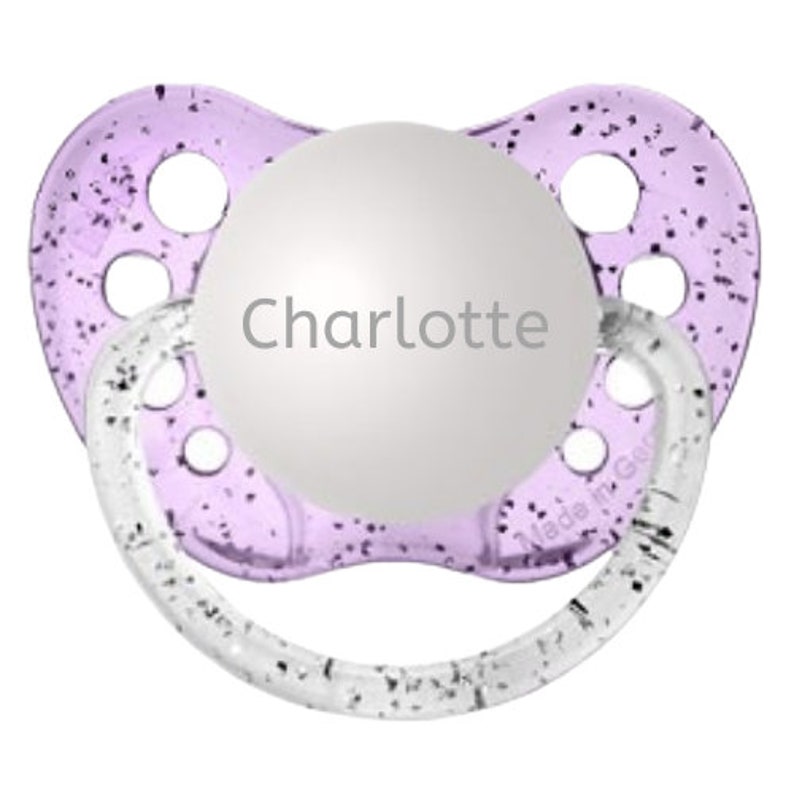 Baby Name Mädchen personalisierte Schnuller Silikon Binky für Baby Mädchen Charlotte Schnuller Glitzer Geschenk für Baby Mädchen Kind Binky graviert Glitter Purple