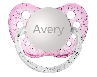 Engraved Newborn Baby Gift Girl Personalized Pacifier with Name - Newborn Photo Prop - Name Pacifier Gift - Avery - Glitter Pink Baby Binky