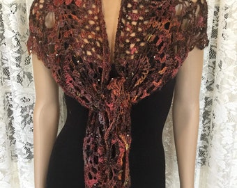 Size 8 - 14 - Handspun Crochet Autumn Leaf Design Shawlette with beads.