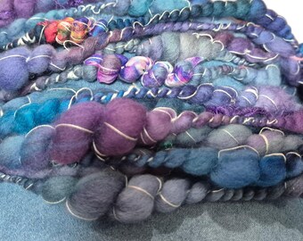 Handspun Merino Art Yarn | Double Ply Slub, Sari Silk Ribbon, Sequins (59g)