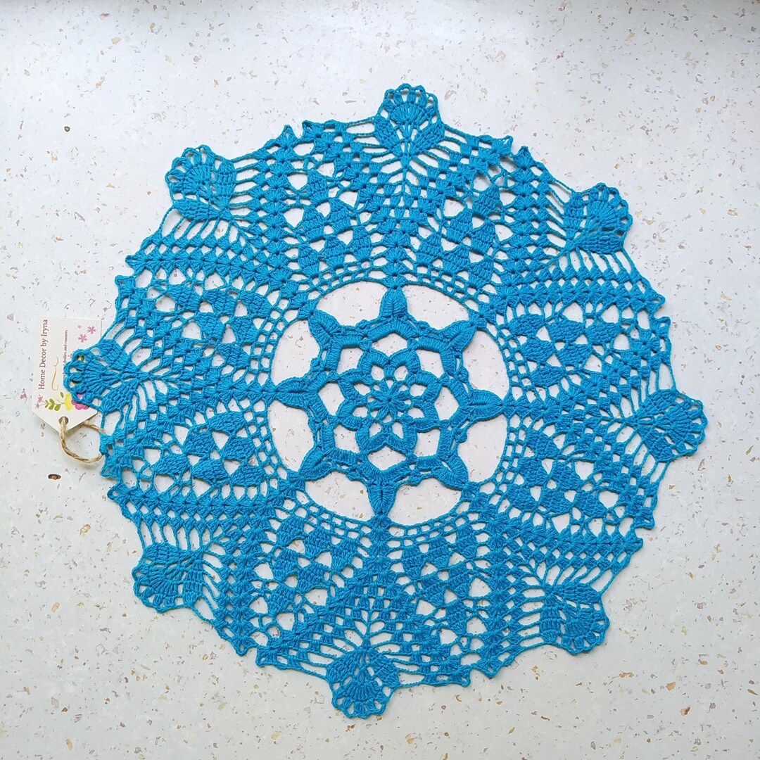 Large Crochet Doily, Turquoise Doily, Lace Pineapple Doily, Cotton