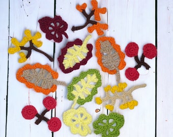 Set of 12 Crochet Appliques, Woodland Motifs, Crochet Leaves and Branche Application, Handmade Crochet Patch, Cardmaking, Scrapbooking,