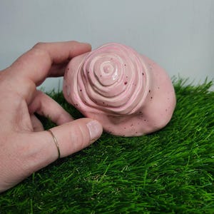 Pode incluir: Uma escultura de cerâmica rosa com um design em espiral e um acabamento salpicado. A escultura está sentada em um leito de grama verde.