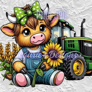 Highland linda chica vaca lazo verde PNG, Vaca de granja PNG, Diseño de sublimación, Vida de granja png,girasol, Tractor verde del sur