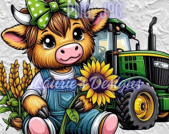 Highland cute girl cow green bow PNG, Farm Cow PNG, Sublimation Design, Farm Life png,sunflower, Southern Green Tractor