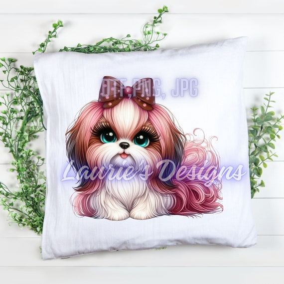 Shi Tzu Brown Bow Pink Hair Dog DTF,PNG, Sublimation Design,png