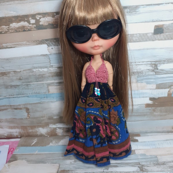 Abito Blythe + OCCHIALI, abito blythe, abito da bambola hippie, Blythe personalizzato, bambola Blythe, Ooak Blythe, blythe personalizzato