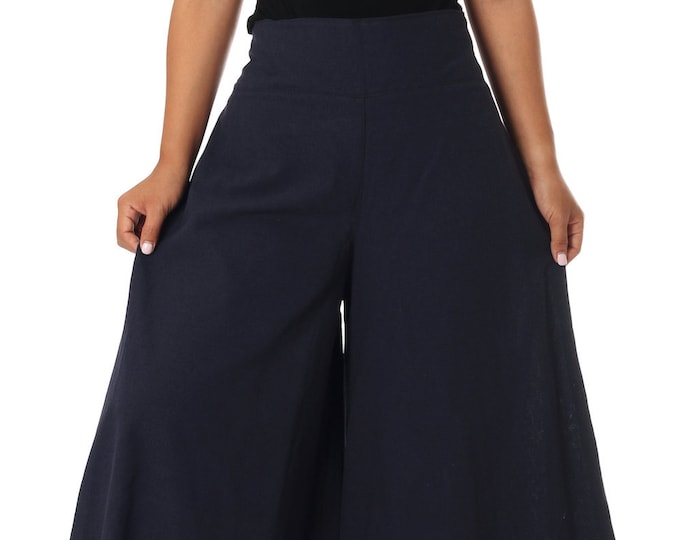 Handmade Cotton Palazzo Pants: Dark Blue Bohemian Wide Leg Trousers