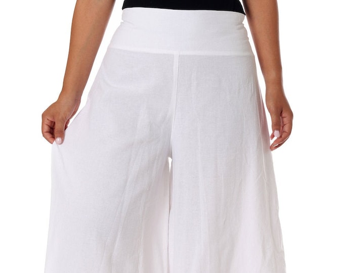 Handmade White Cotton Boho Pants - Wide Leg Summer Trousers