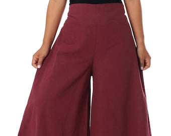 Handmade Boho Cotton Trousers: Burgundy Wide Leg Palazzo Pants