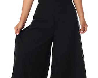 Boho Cotton Wide Leg Pants: Black Bohemian Hippie Trousers