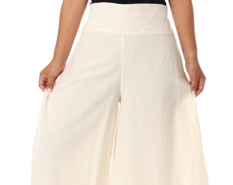 Handmade Ivory Cotton Boho Pants: Wide Leg Beach Trousers