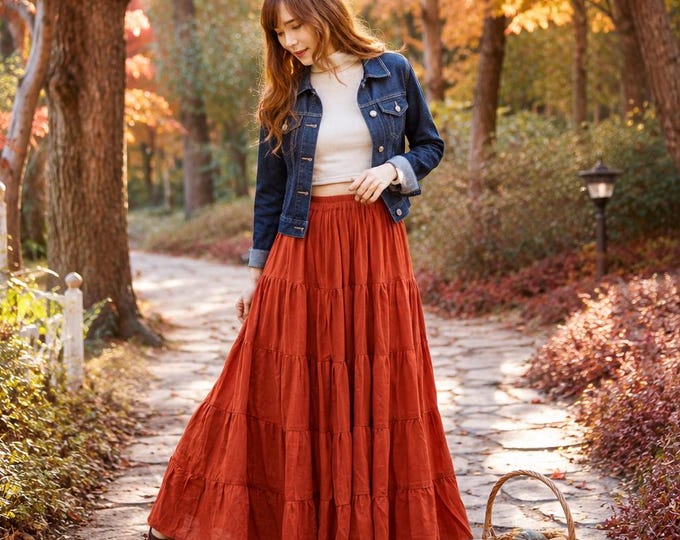 Orange Maxi Skirt For Fall Fashion - Autumn Boho Outfit For Women - Flowy Cotton Ruffle Skirt Cottagecore Womens Clothing - Ren Faire Skirt