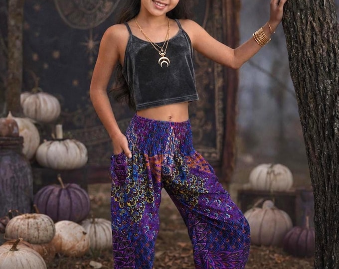 Kids Purple Harem Pants Ideal Halloween Costume - Genie Costume For Girls - Boho Mystic Peacock Trousers Unique Kids and Baby Clothing