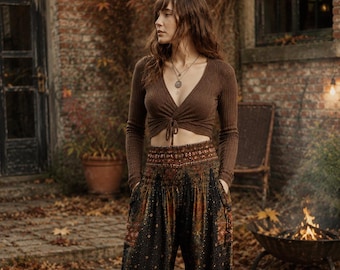Black Fall Fashion Harem Pants Womens Pagan Clothing - Boho Witch Halloween Costume - Wide Leg Trousers Boho Clothing-Hippie Womens Clothing