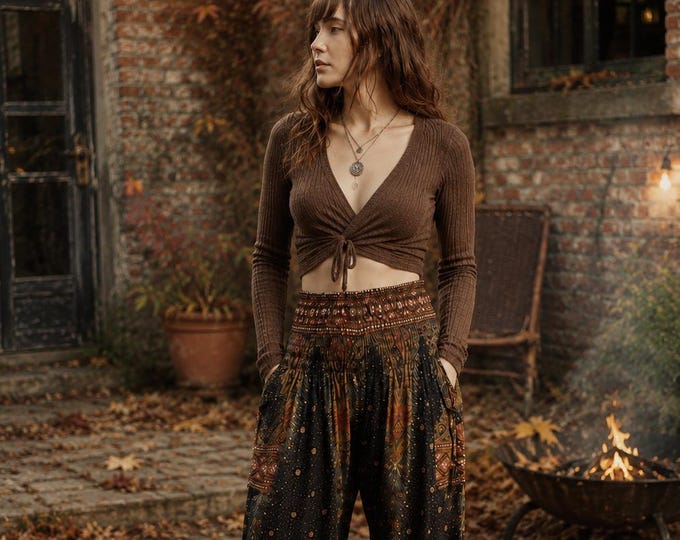 Black Fall Fashion Harem Pants For Women - Boho Witch Halloween Costume - Wide Leg Trousers Boho Pagan Clothing - Hippie Womens Clothing