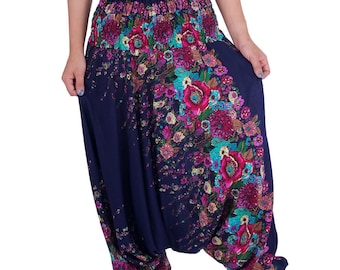 Blue Floral Harem Pants: Rayon Aladdin Style Boho Trousers