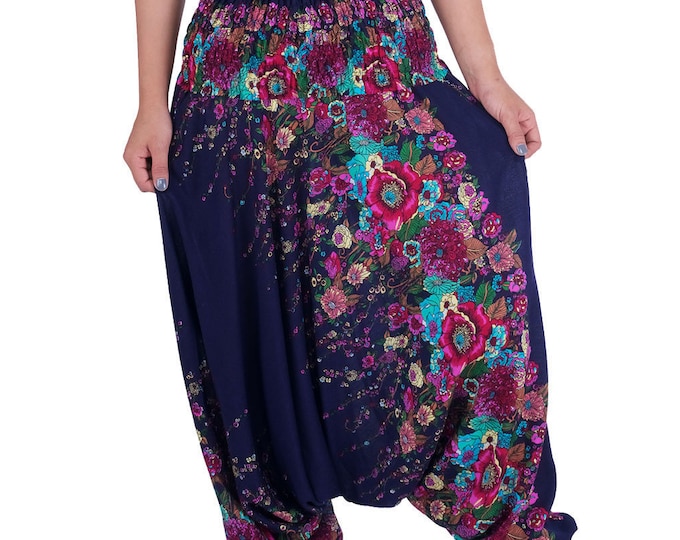 Blue Floral Harem Pants: Rayon Aladdin Style Boho Trousers