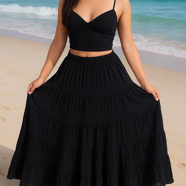 Black Maxi Skirt Available in Plus Size - Long Flowy Skirt Boho Womens Clothing - Gothic Peasant Skirt Best Summer Style-Tiered Ruffle Skirt