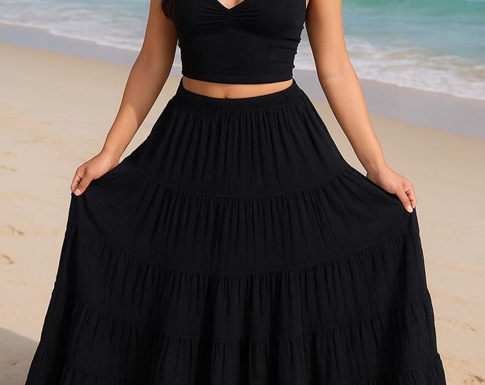 Black Cotton Maxi Skirt: Flowy Ruffle Boho Skirt, Plus Size Available