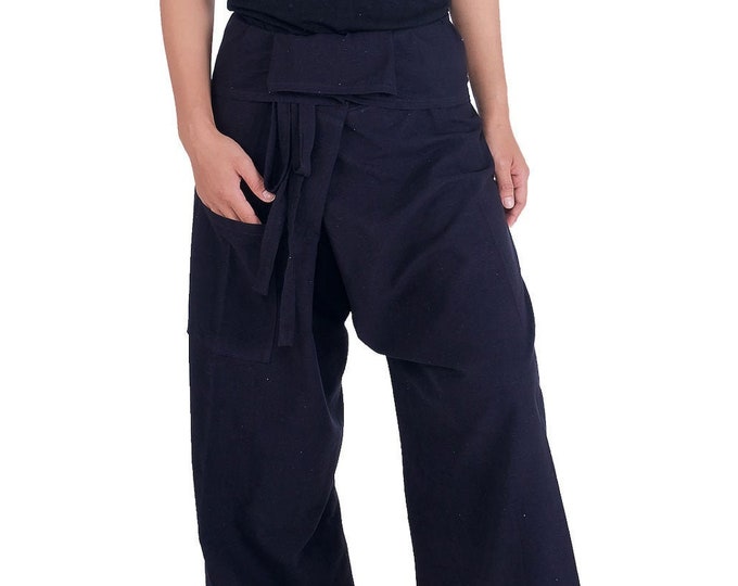 Black Cotton Thai Fisherman Pants: Comfortable Wide Leg Yoga Trousers