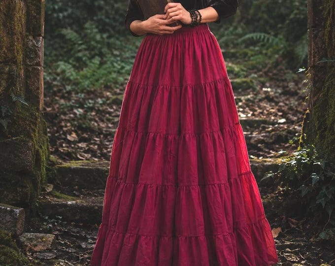 Red Gothic Maxi Skirt Witch Halloween Costume For Adults - Burgundy Maxi Ruffle Skirt For Women Ideal Vampire Costume - Renaissance Skirts