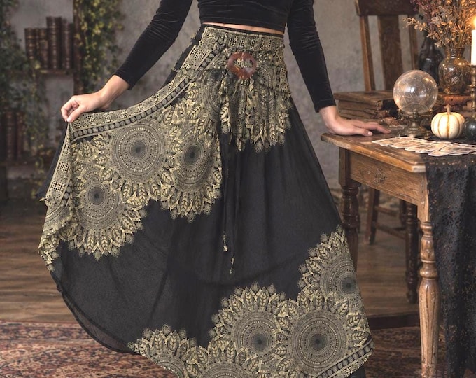 Boho Maxi Skirt And Black Mandala Dress 2in1 Best Womesn Halloween Costume - Witchy Skirt For Cosplay - Hippie Plus Size Flowy Skirt