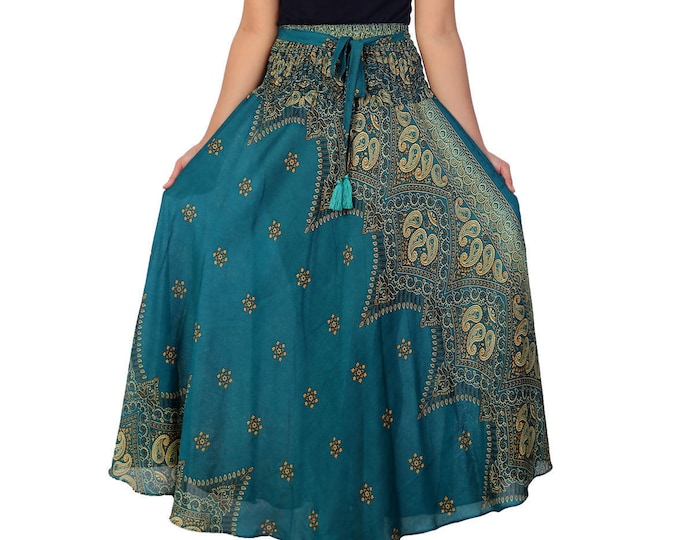 Boho Rayon Maxi Skirt Women - Printed Teal Hippie Skirt - Womens Clothing & dresses