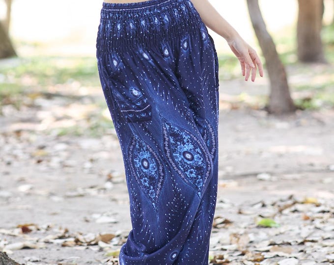 Harem Pants for Women - Blue Boho Pants High Waisted Hippie Womens Clothing - Yoga Pants with Pockets - Thai Pants for Comfy Wear