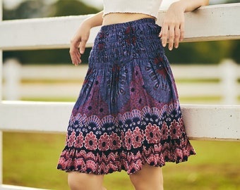 Dark Blue Boho Skirt Knee length Skirt for Women Mini Skirts Trendy Girls Bohemian Style Flowy Skort - Floral Print Skater Skirt Midi Skirt